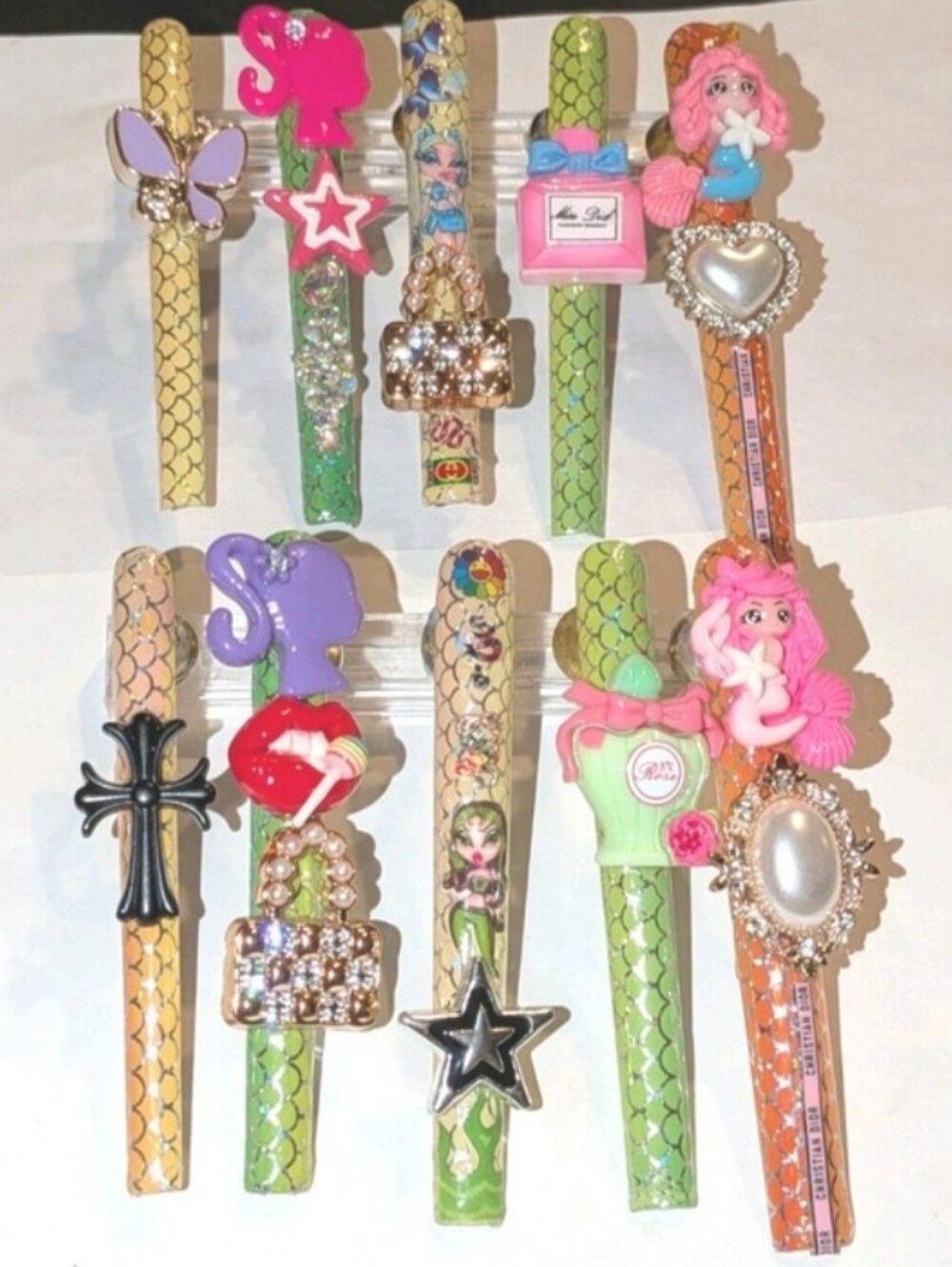 Hand Crafted 6XL Custom Press-On Nails Set  in Pink, Green, Purple, Gold Sz Medi